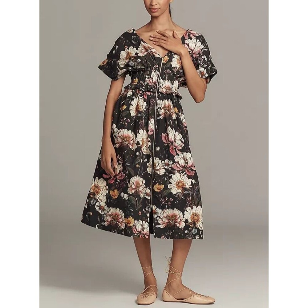 Anthropologie V-Neck Zip Front Floral Midi Dress Womens LP Black Cotton Boho NWT